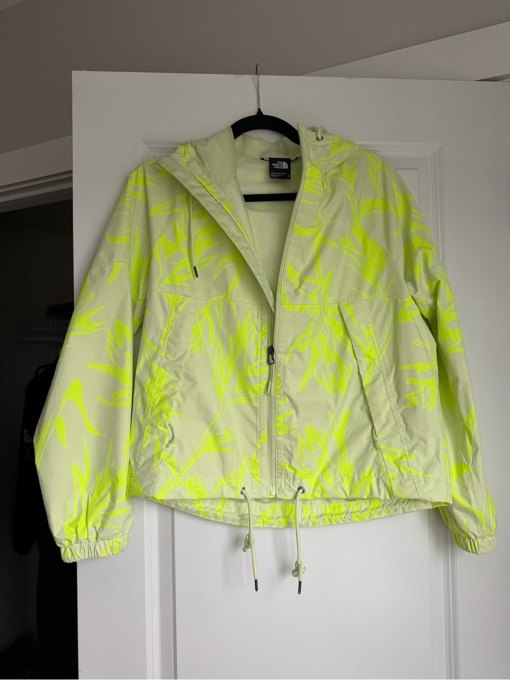 The North Face Women's Neon Yellow Patterned Hooded Windbreaker